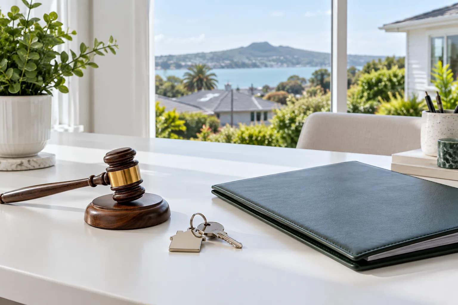 Auction gavel, house keys and a blank property folder on a desk