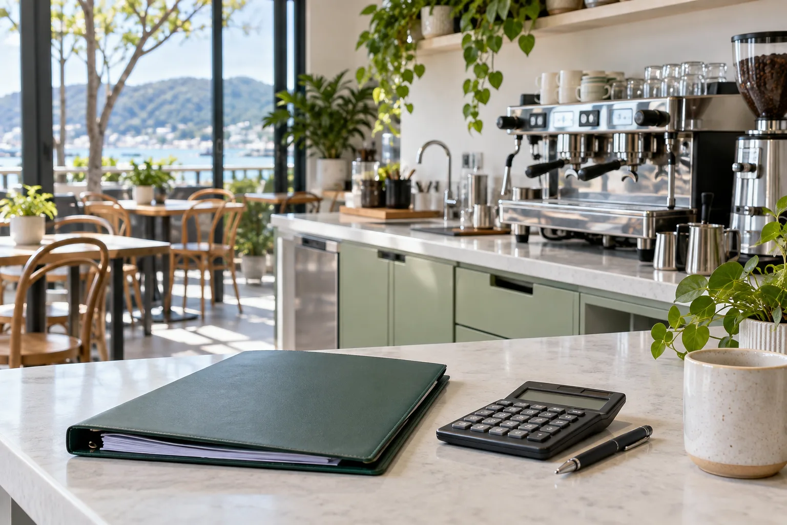 Business planning folder and calculator on the counter of a small cafe
