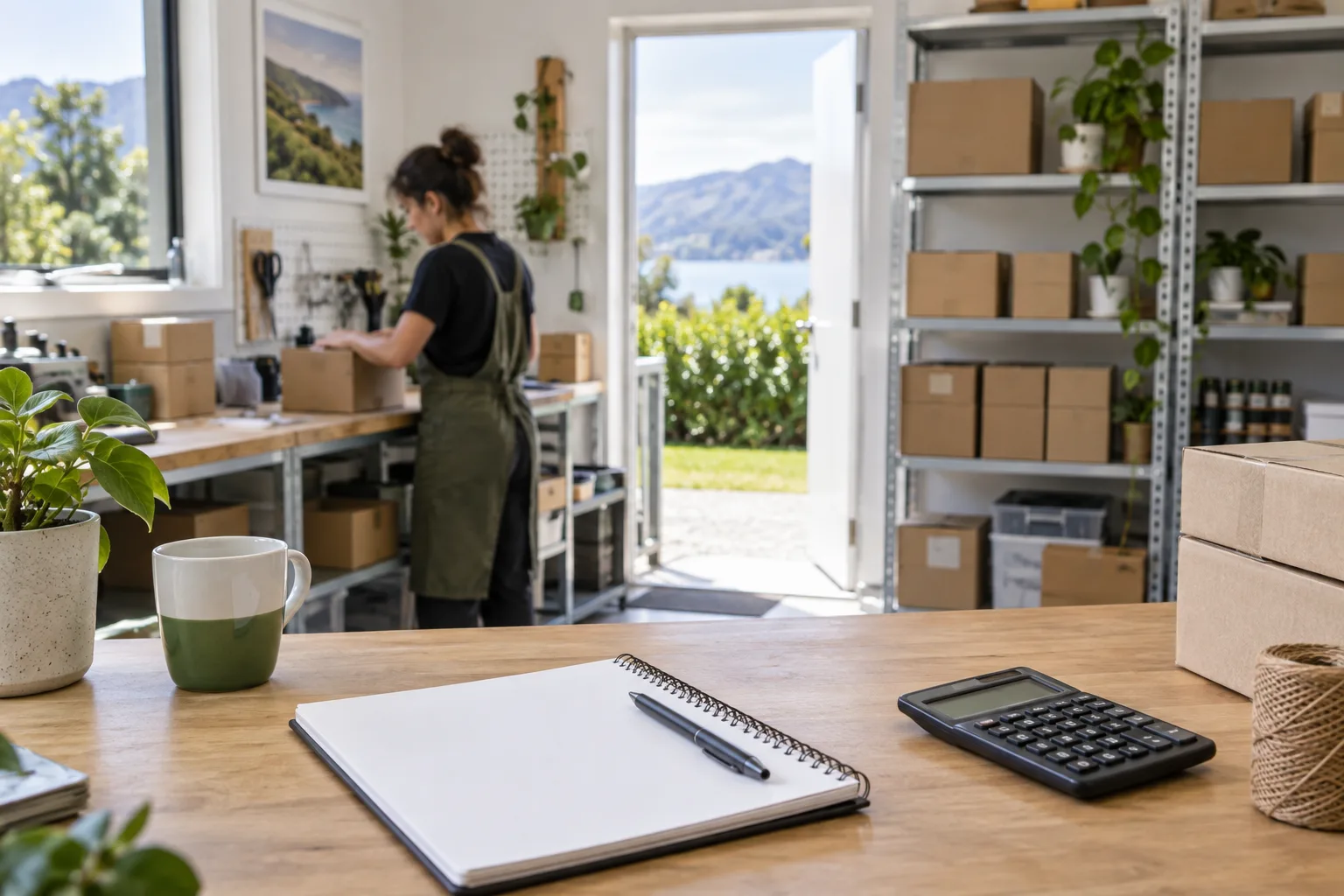 Workshop inventory shelves with a planning notebook and calculator