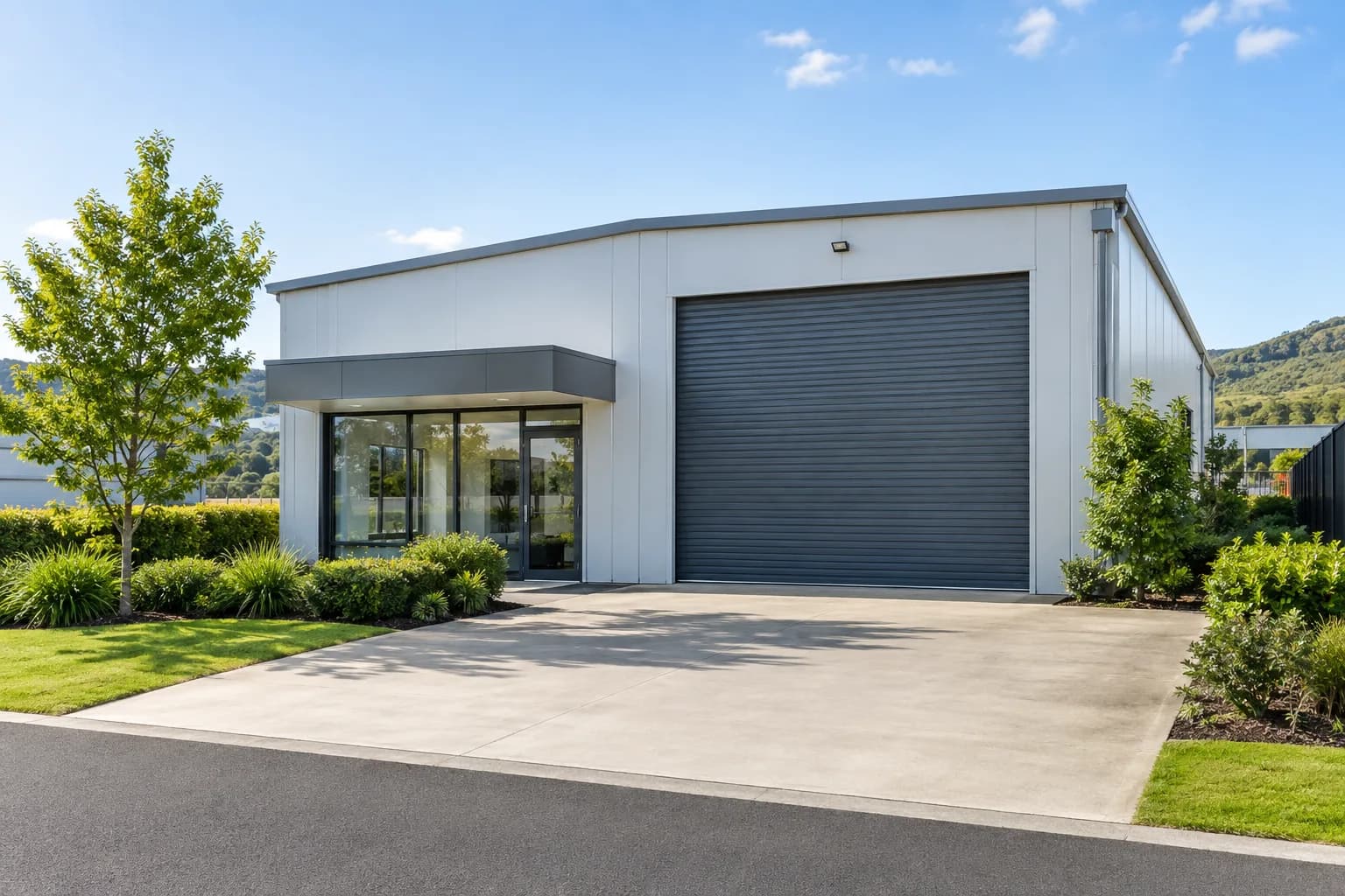 Light-industrial commercial building with a roller door and office entrance