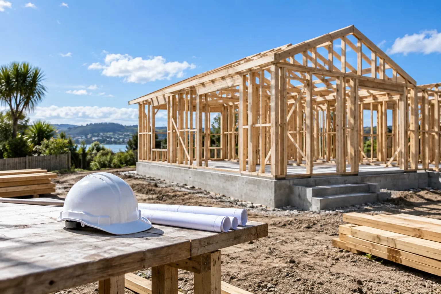 Timber-framed home under construction with a hard hat and plans in front