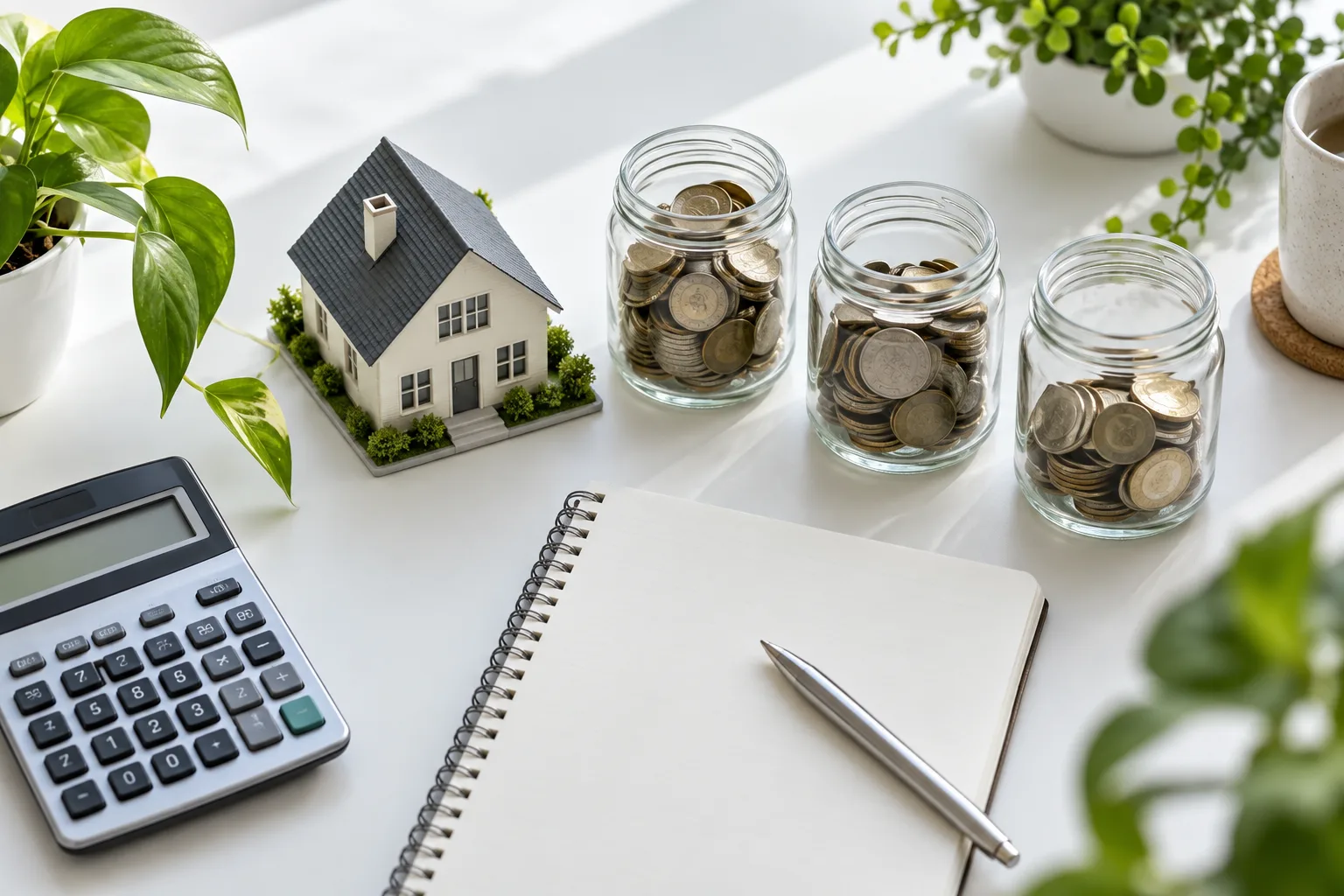 House model, savings jars and a notebook used to plan a purchase budget