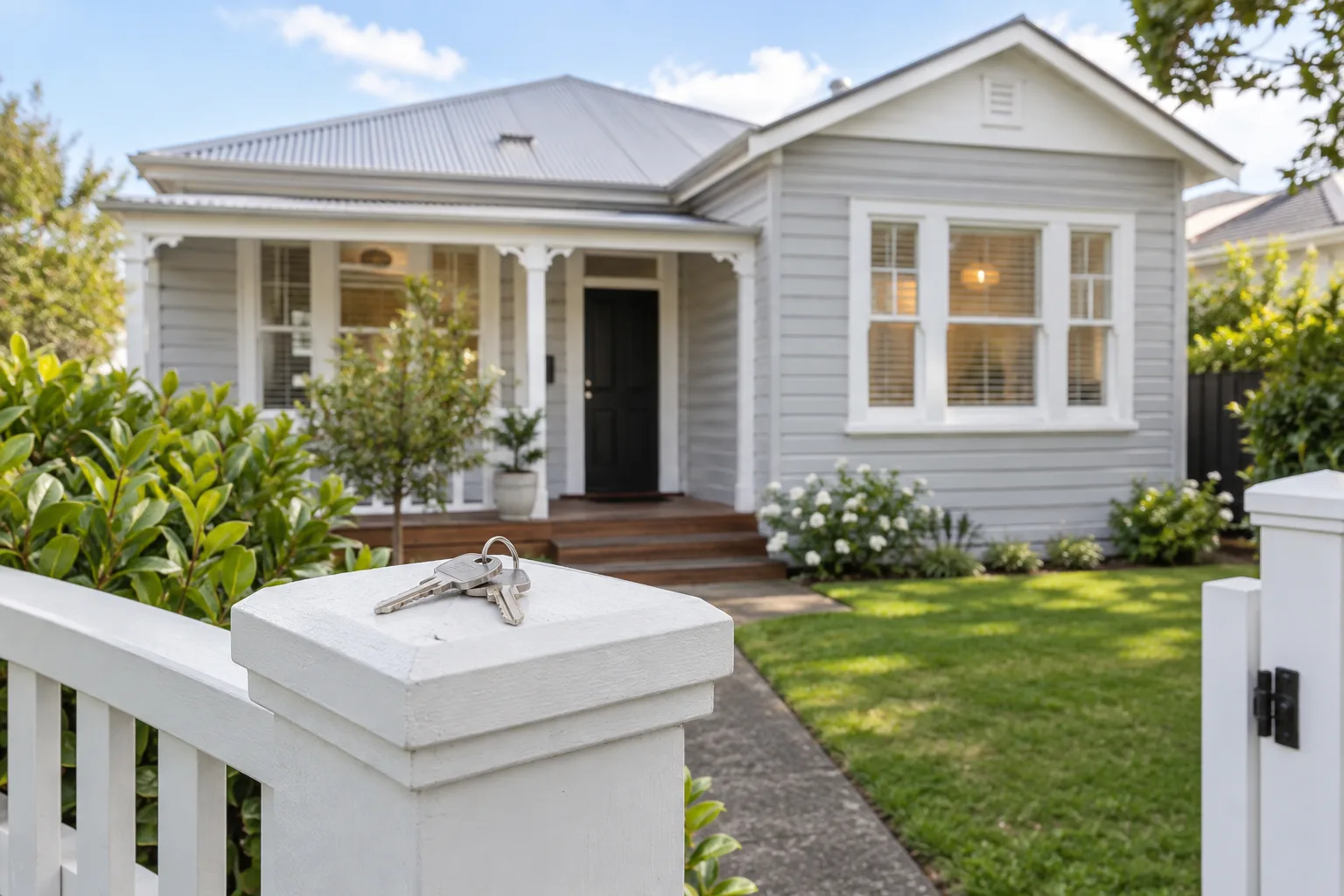 Keys on a gatepost outside a New Zealand weatherboard home