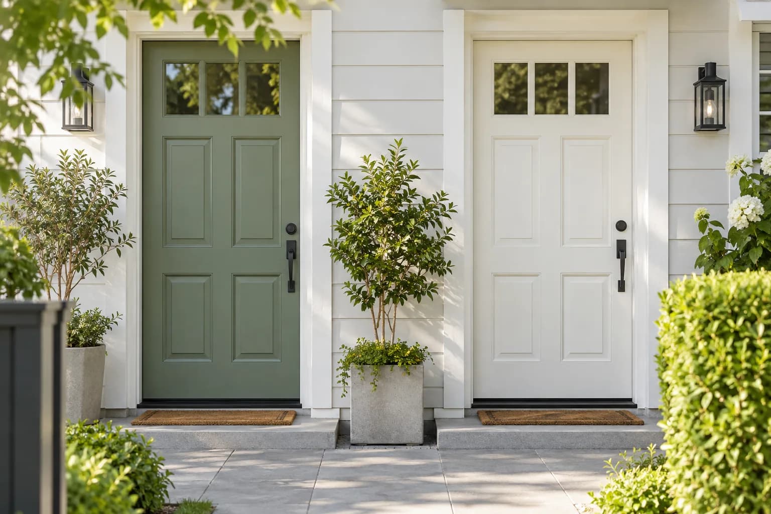 Two neighbouring townhouse doors representing different mortgage choices