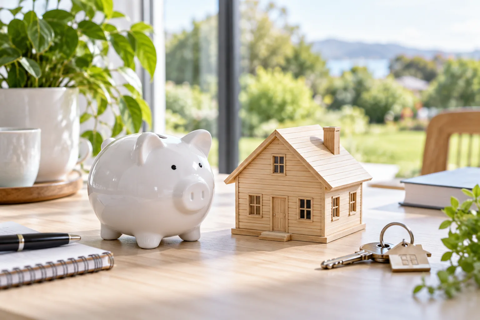 Savings piggy bank, timber house model and keys beside a garden window