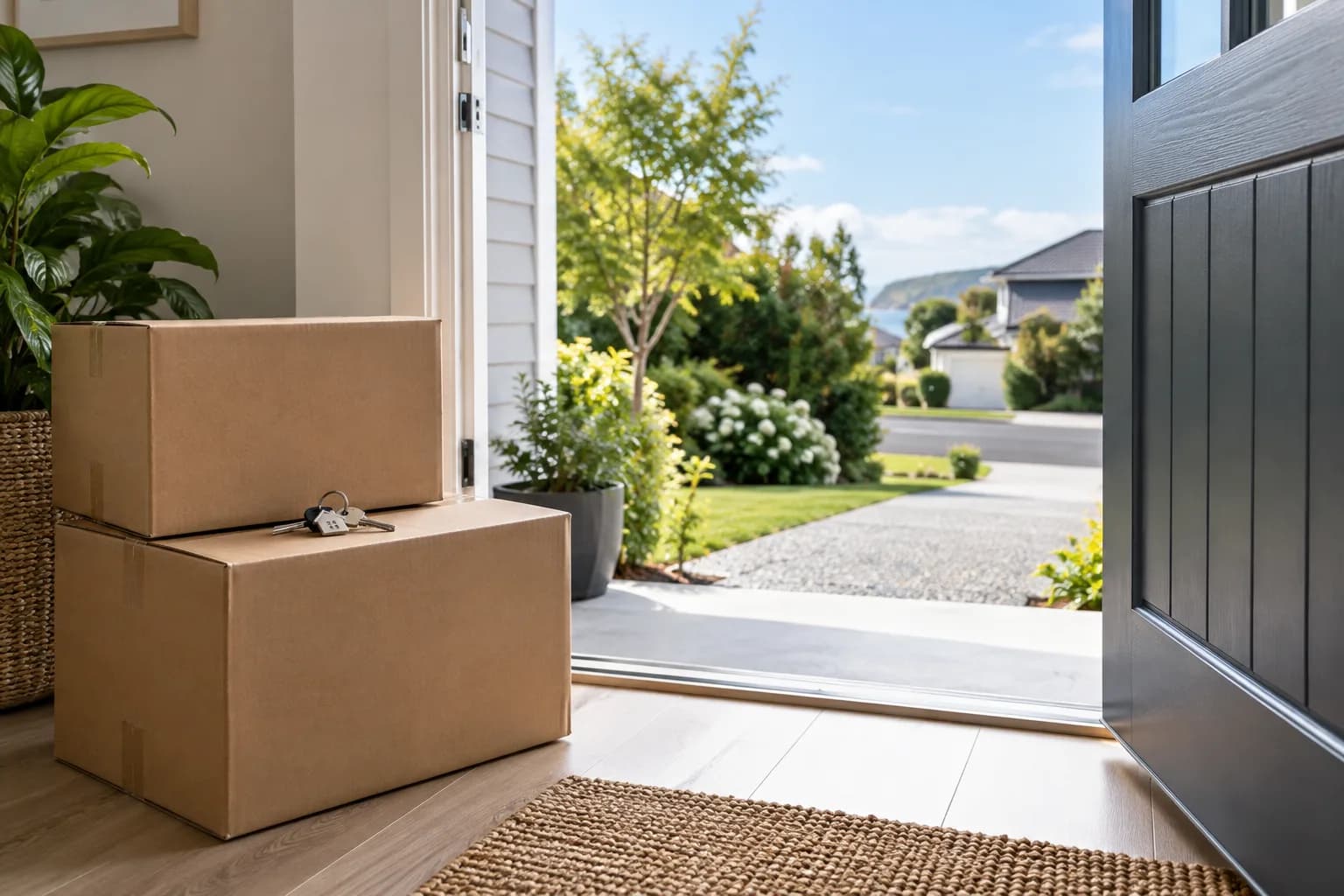 Moving boxes and keys beside an open front door