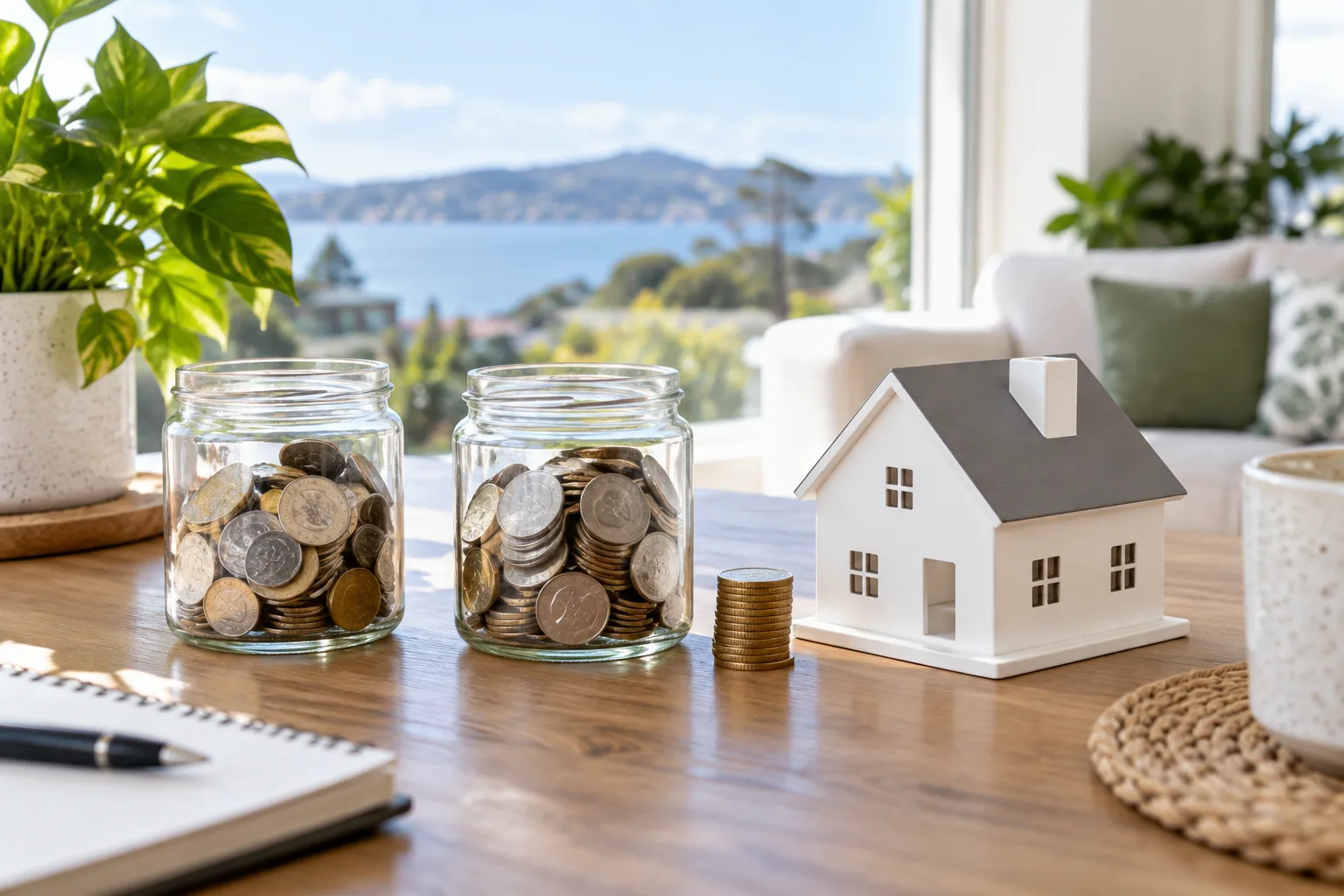 Separate savings jars beside a model home to illustrate offset banking