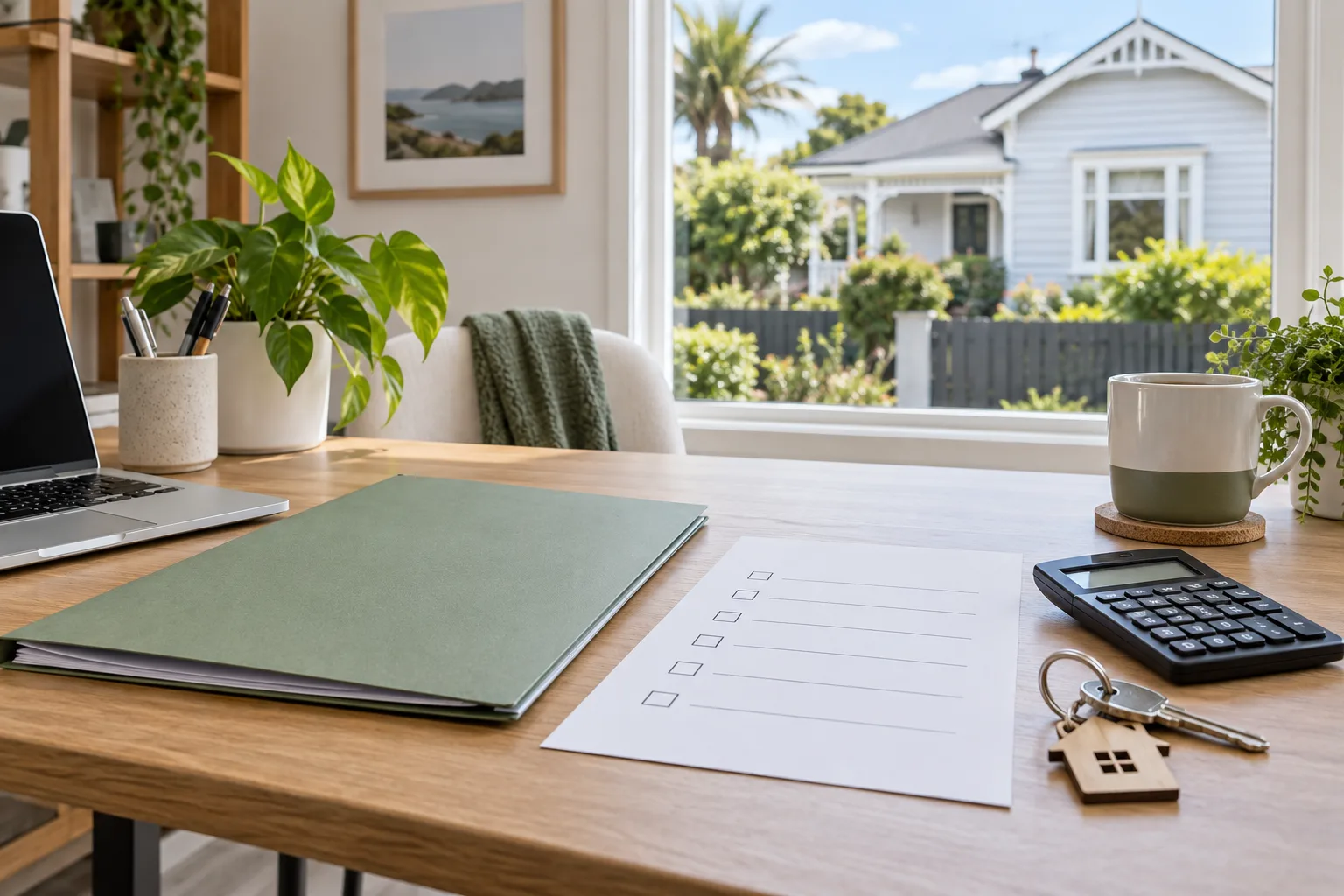 Mortgage application folder, checklist, calculator and keys on a bright desk