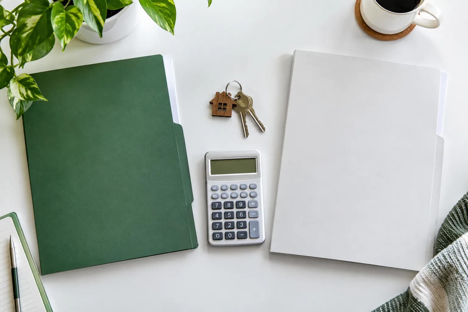 Two mortgage folders and a calculator arranged for a refinancing comparison