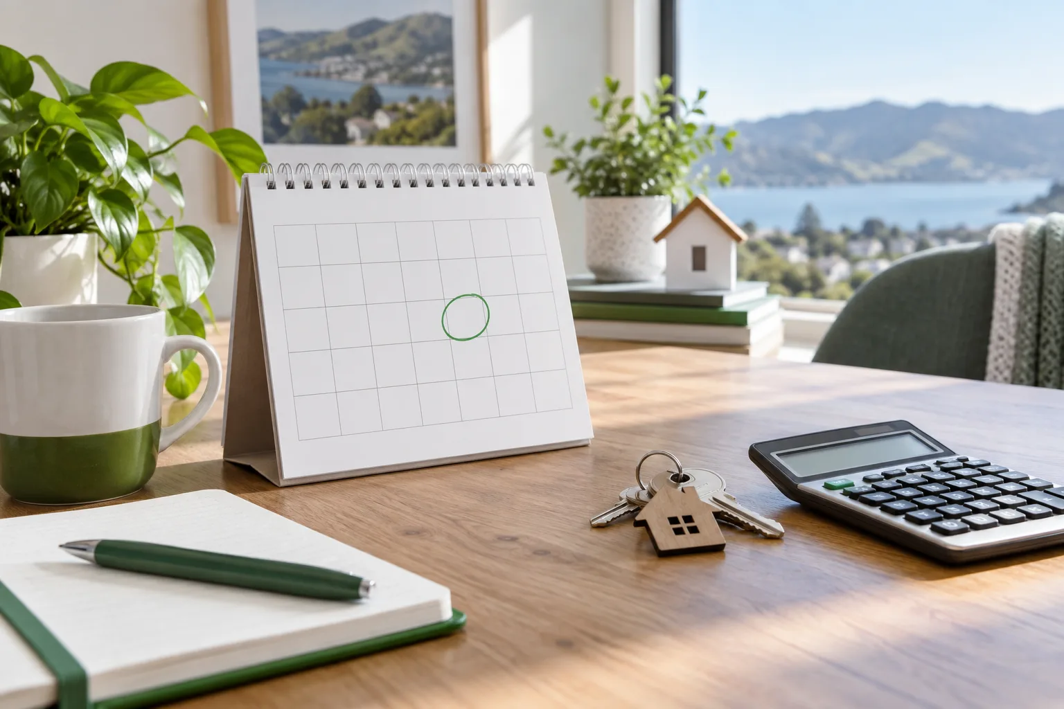 Desk calendar with a circled square beside mortgage keys and a calculator