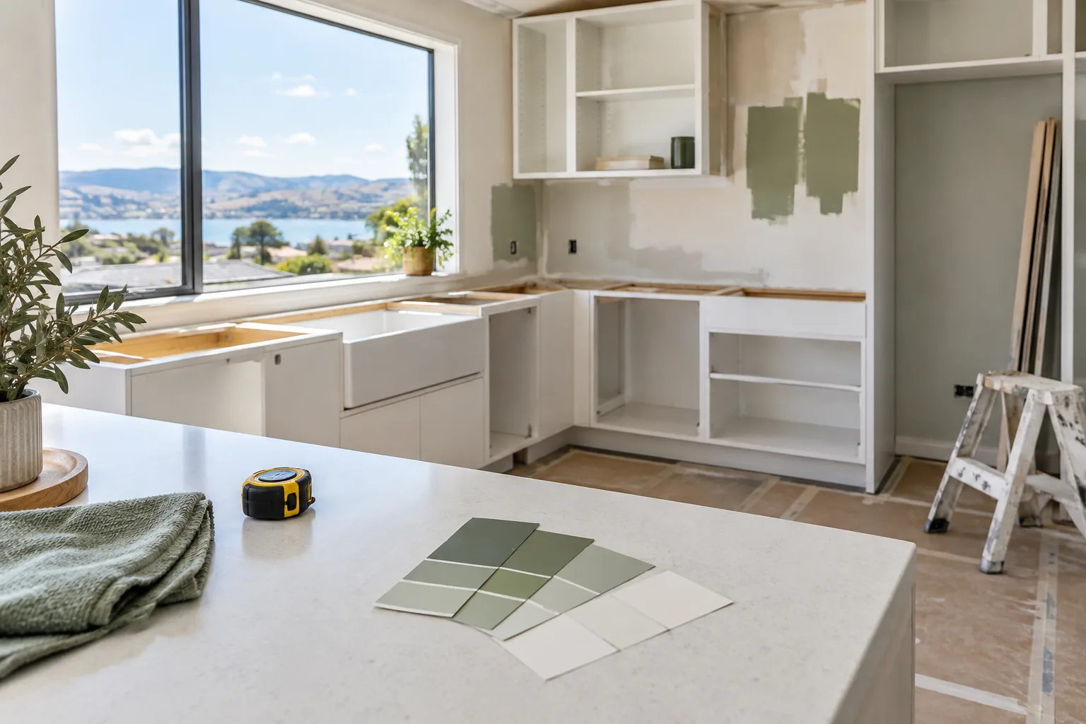 Partly installed kitchen with paint samples and a measuring tape