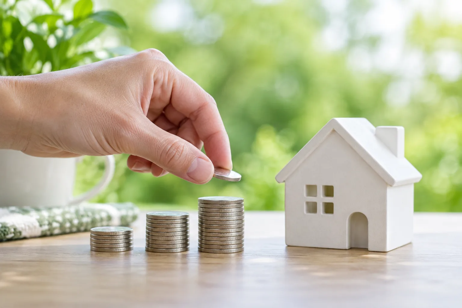 A hand adding a coin to savings stacks beside a small house model