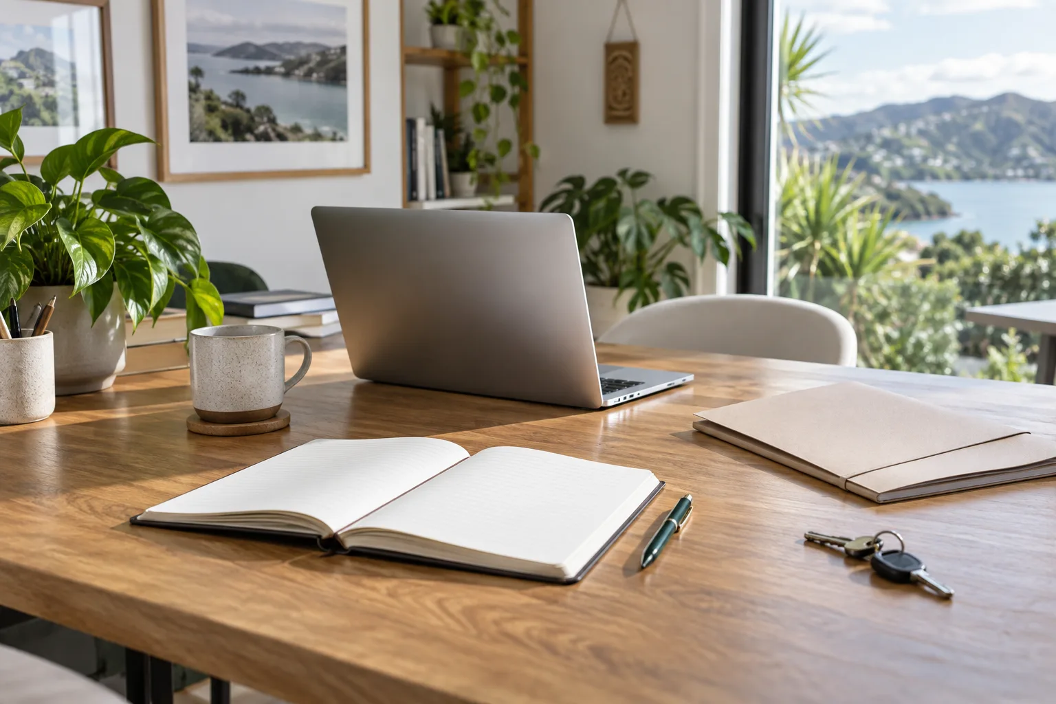 Self-employed professional's desk with financial records, laptop and home keys